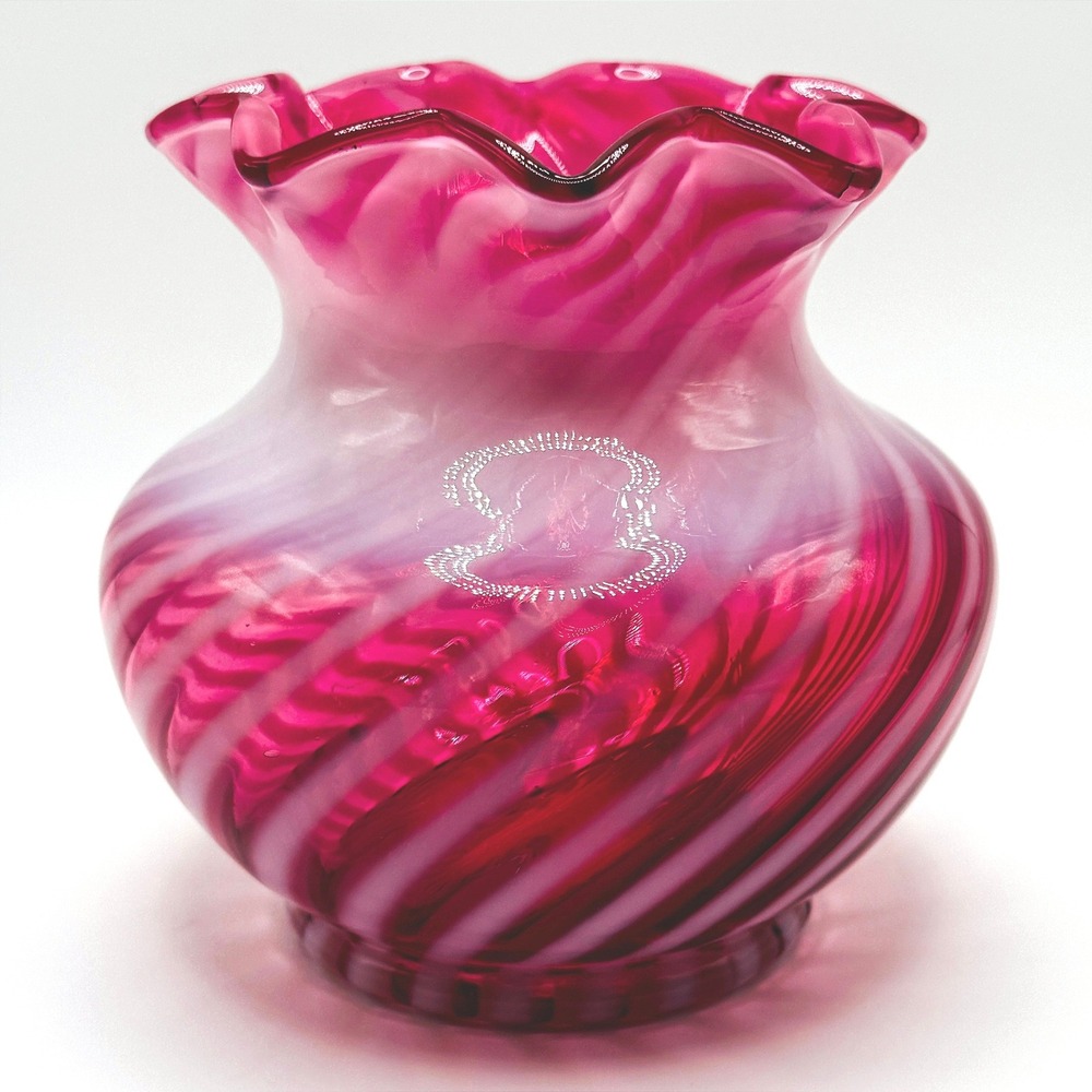 Fenton Vintage Cranberry Opalescent Swirl Art Glass Vase Ruffled Rim Hand Blown